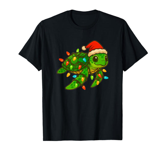 Cute Christmas Sea Turtle Santa Hat Christmas Lights T-Shirt