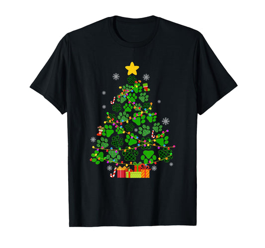 Funny Dog Cat Paws Christmas Tree Xmas Lights Animal Lovers T-Shirt