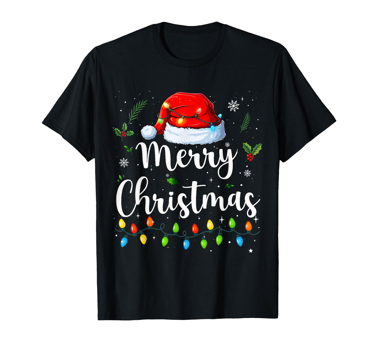 Merry Christmas Lights Santa Hat Xmas Family Matching Pajama T-Shirt