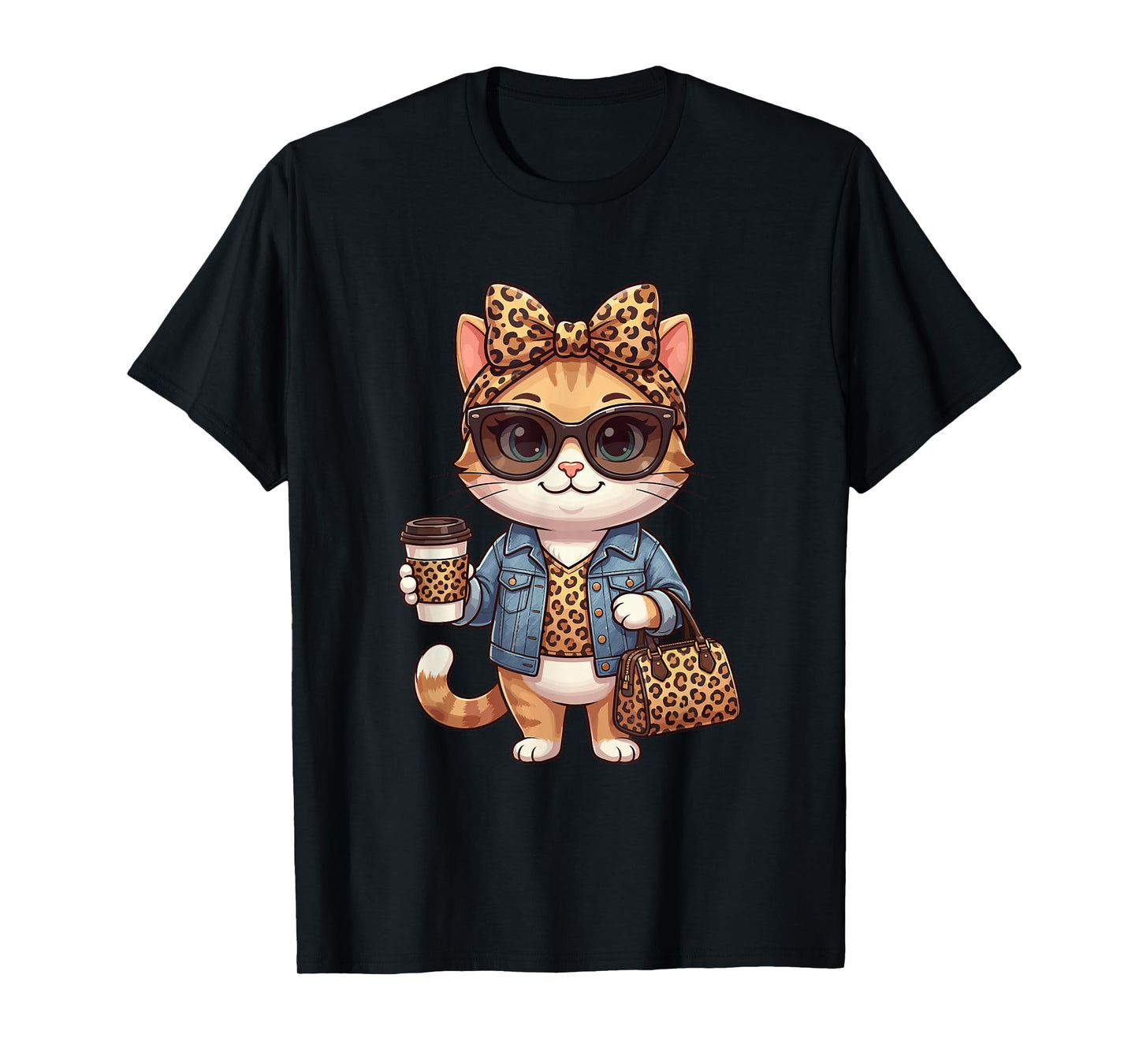 Fashion Funny Leopard Cat Coffee Cute Women Girls T-Shirt