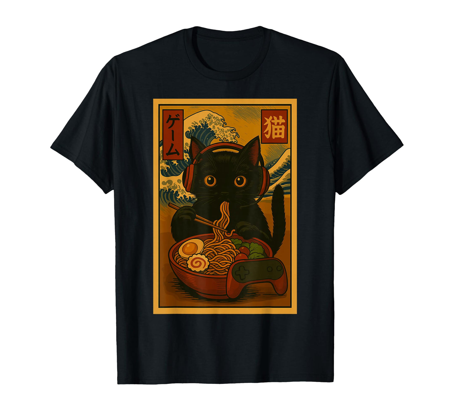 Gamer Cat Eating Ramen Japanese Style T-Shirt