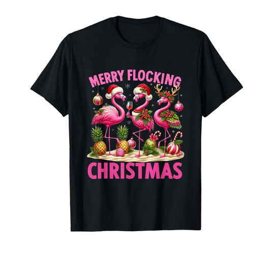 Merry Flocking Christmas Funny Flamingo Santa Hat Tropical T-Shirt
