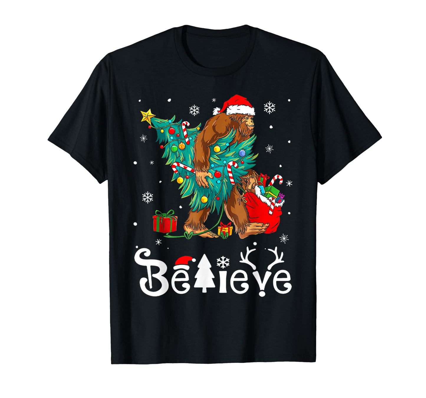 Santa Bigfoot Christmas Tree Xmas Lights Boys Men Sasquax T-Shirt