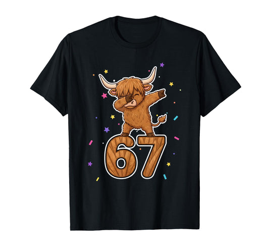 Dabbing 67 Highland Cow 67 Funny Six Seven Gen Z Slang Meme T-Shirt