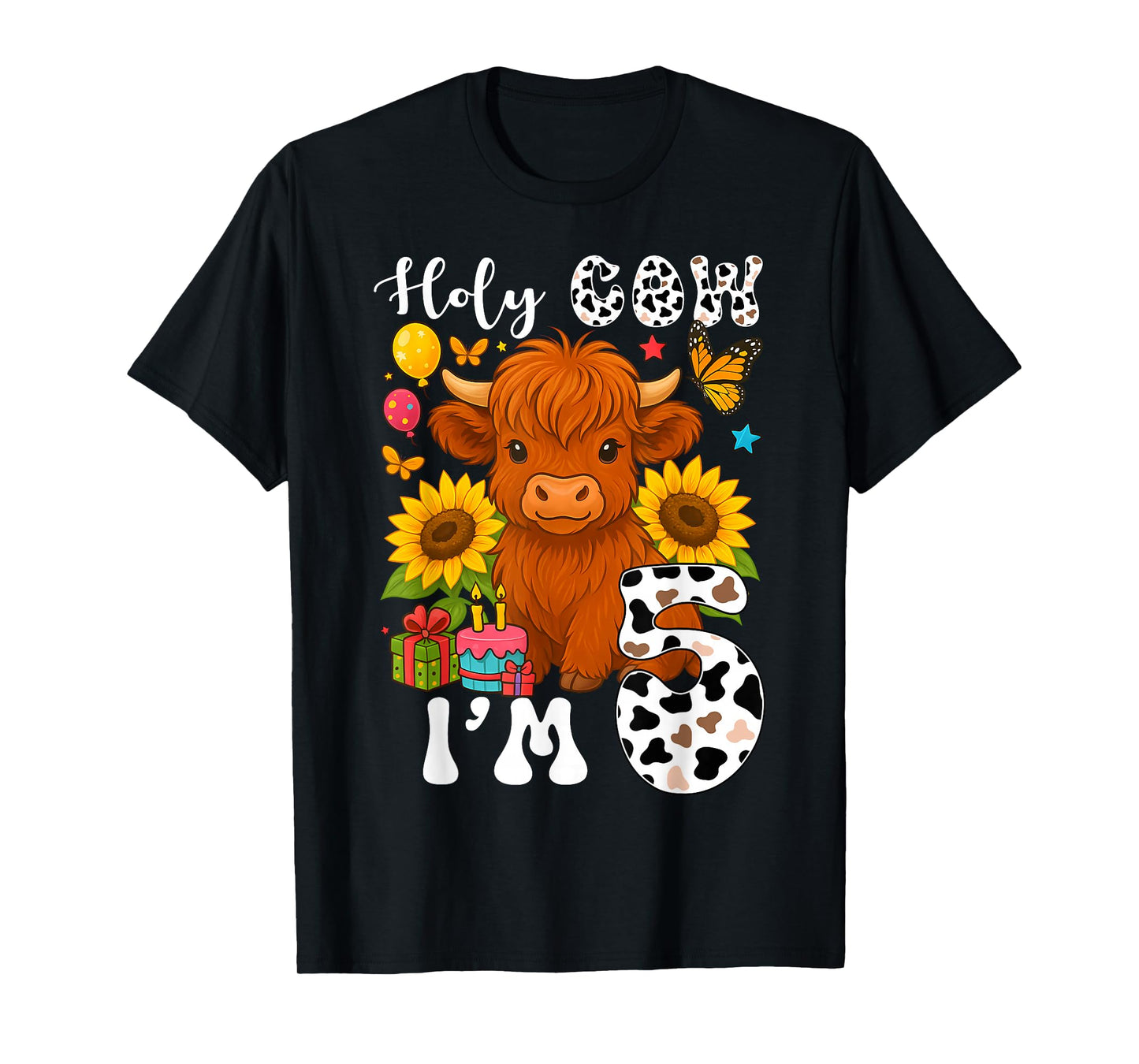 Holy Cow I'm 5 Years Old Farm Cow Sunflowers 5th Birthday T-Shirt