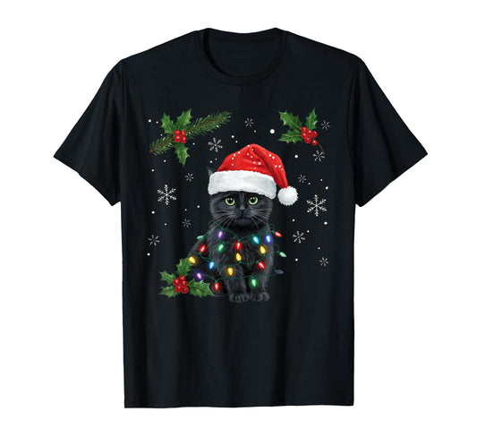 Black Cat Christmas Tree Lights Cute Cat Santa Hat Xmas T-Shirt