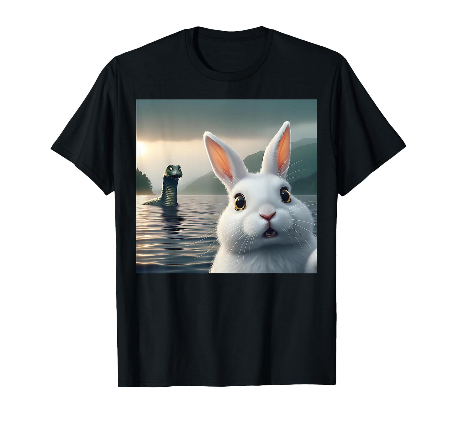 Surprised Rabbit Selfie with Loch Ness Monster Nessie Funny T-Shirt
