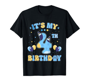 Kids Its My 4th Birthday Party Blue Dog Funny 4 Year Old Boy Girl T-Shirt