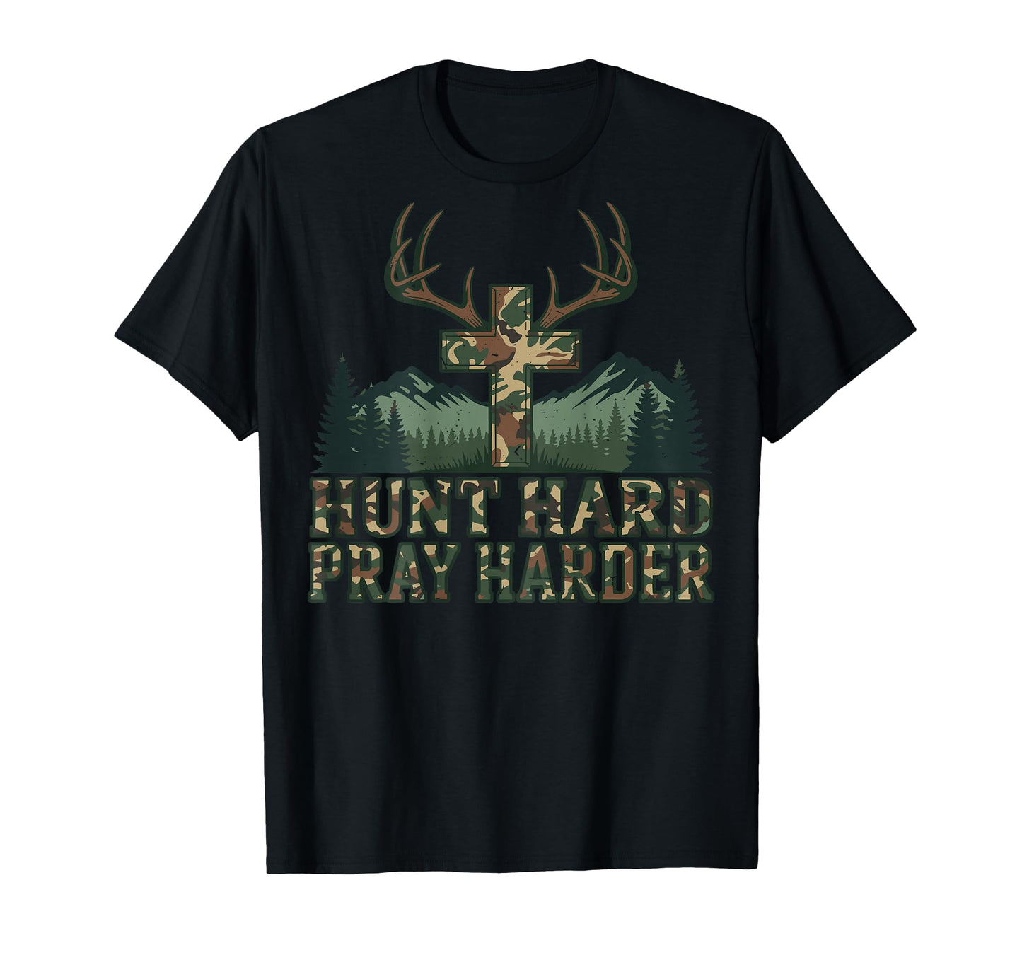 Youth Camo Christian Deer Hunting Cross Hunt Hard Pray Faith T-Shirt