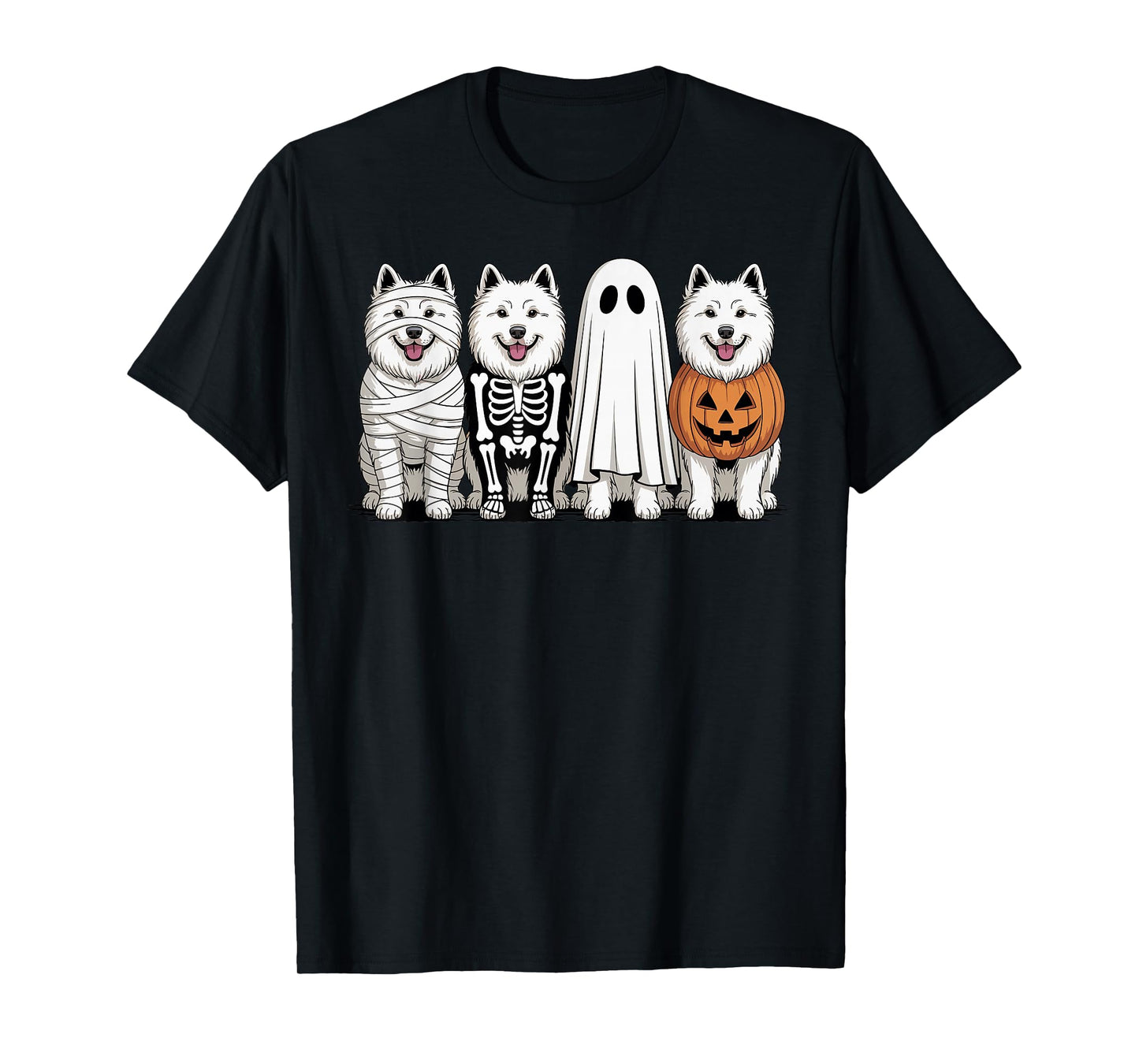 Spooky Ghost Samoyed Pumpkin Halloween Dog Skeleton T-Shirt