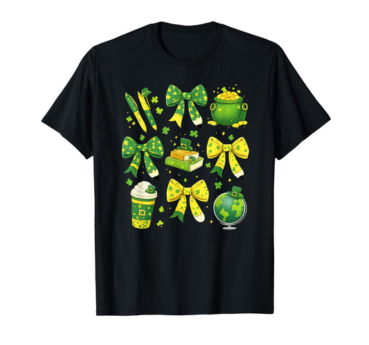 St Patrick's Day Lucky Teacher Shamrock Coquette Bow Pencil T-Shirt