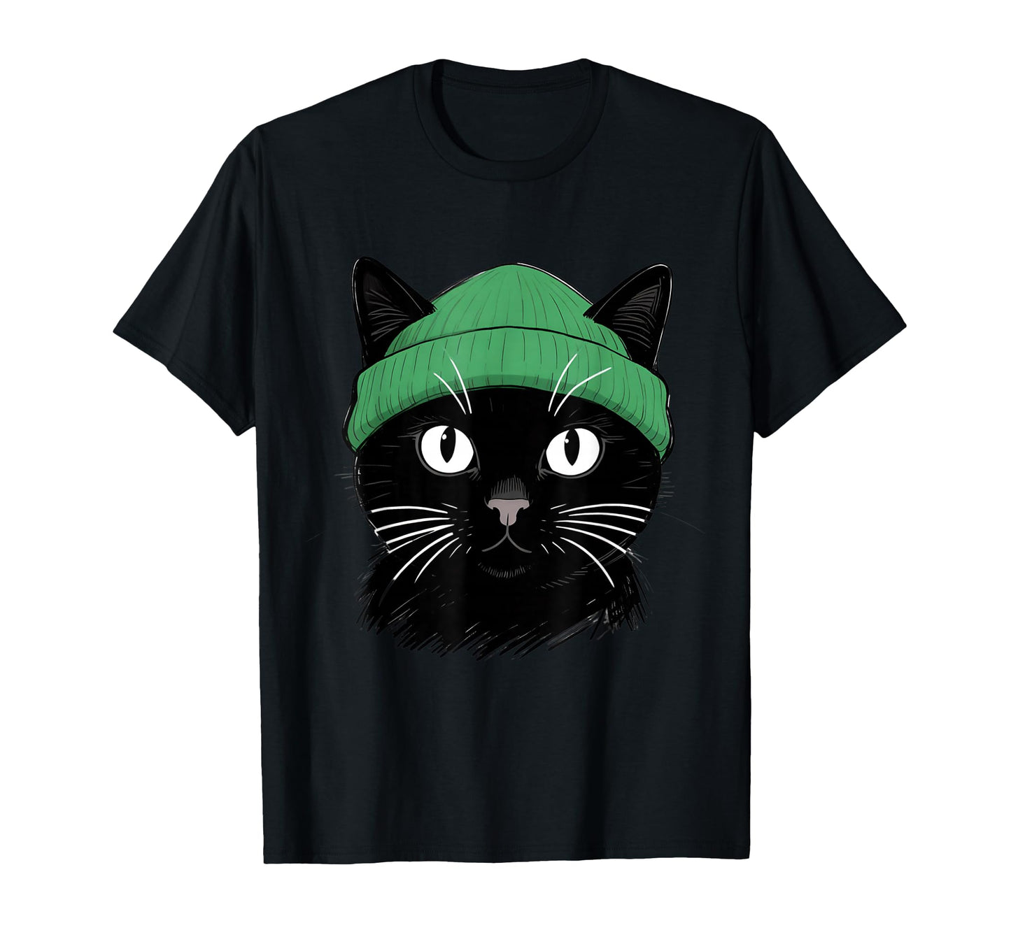Black Cat with Green Beanie Vintage Design T-Shirt