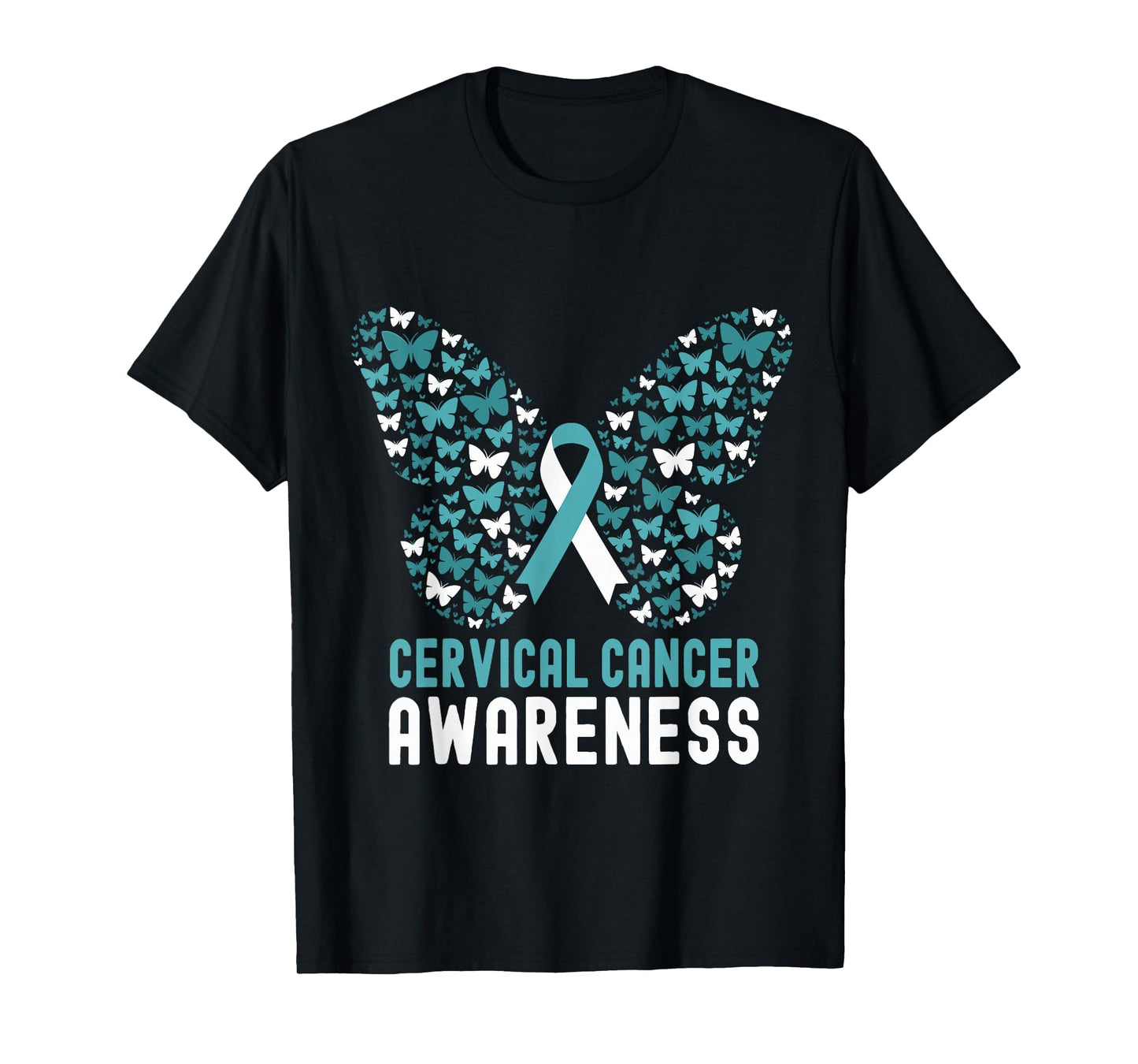 Cervical Cancer Awareness Month Butterfly White Teal Ribbon T-Shirt