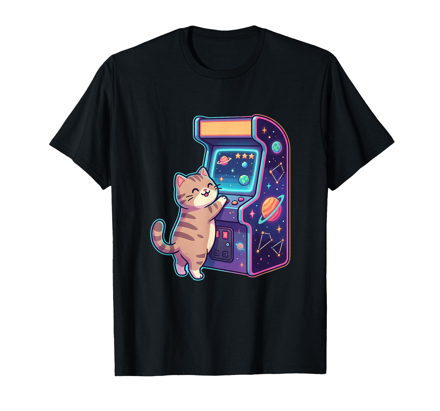 Cute Cat Playing Space Arcade Illustration Funny Cat Gaming T-Shirt
