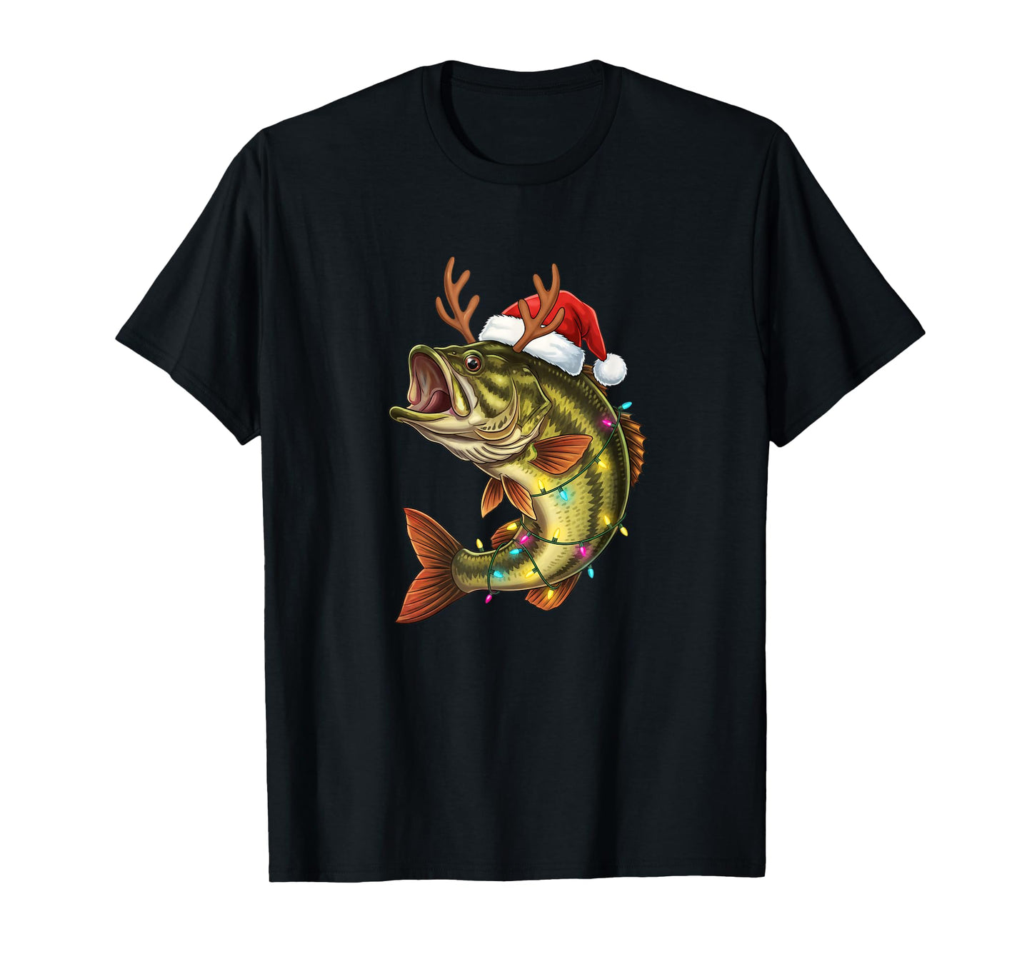 Christmas Bass Santa Hat with Lights Funny Fishing Xmas Angl T-Shirt