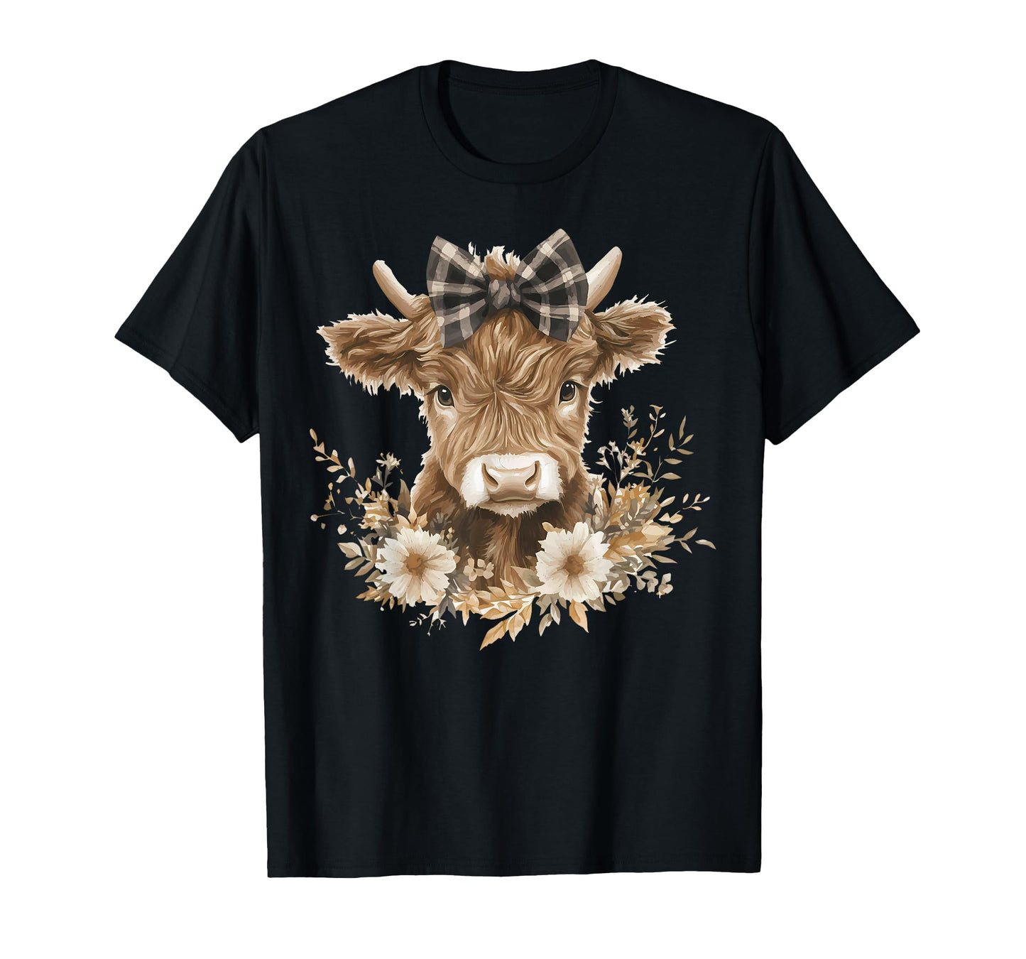 Highland Cow with Bow Flowers Cute Floral Cow Girls Women T-Shirt