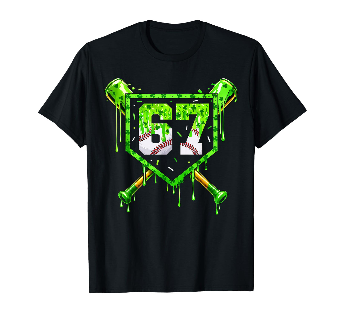 Baseball Ice Cream Drip Shamrocks 6 7 Meme St. Patrick's Day T-Shirt