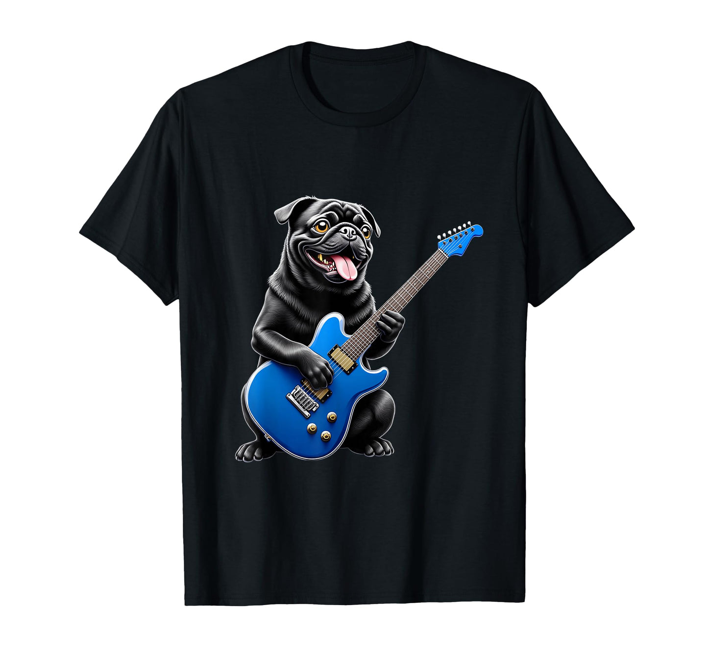 Funny Black Pug Playing Guitar Design for Music Pug Lovers T-Shirt