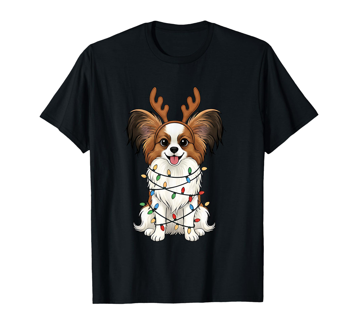 Papillon Dog Christmas Reindeer Lights Funny Dog Lover Xmas T-Shirt
