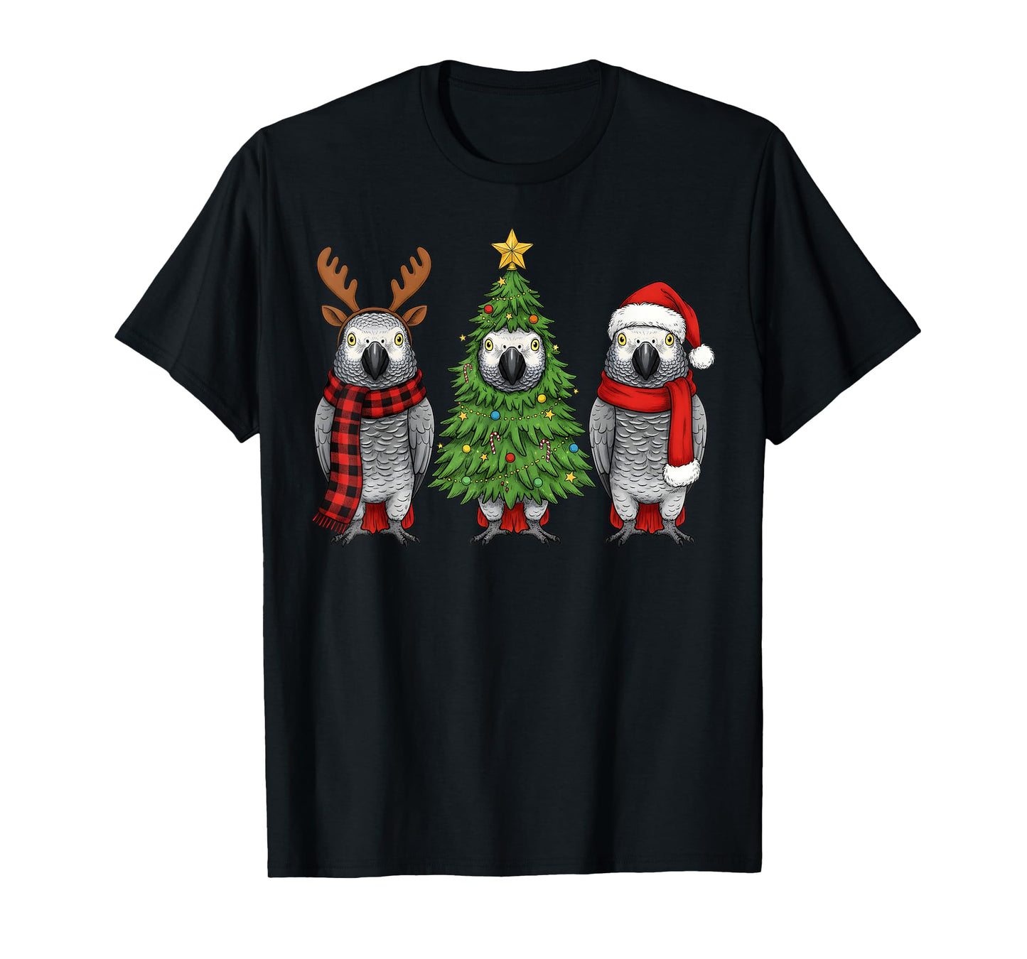 Retro Christmas African Grey Parrot Bird Santa Reindeer T-Shirt