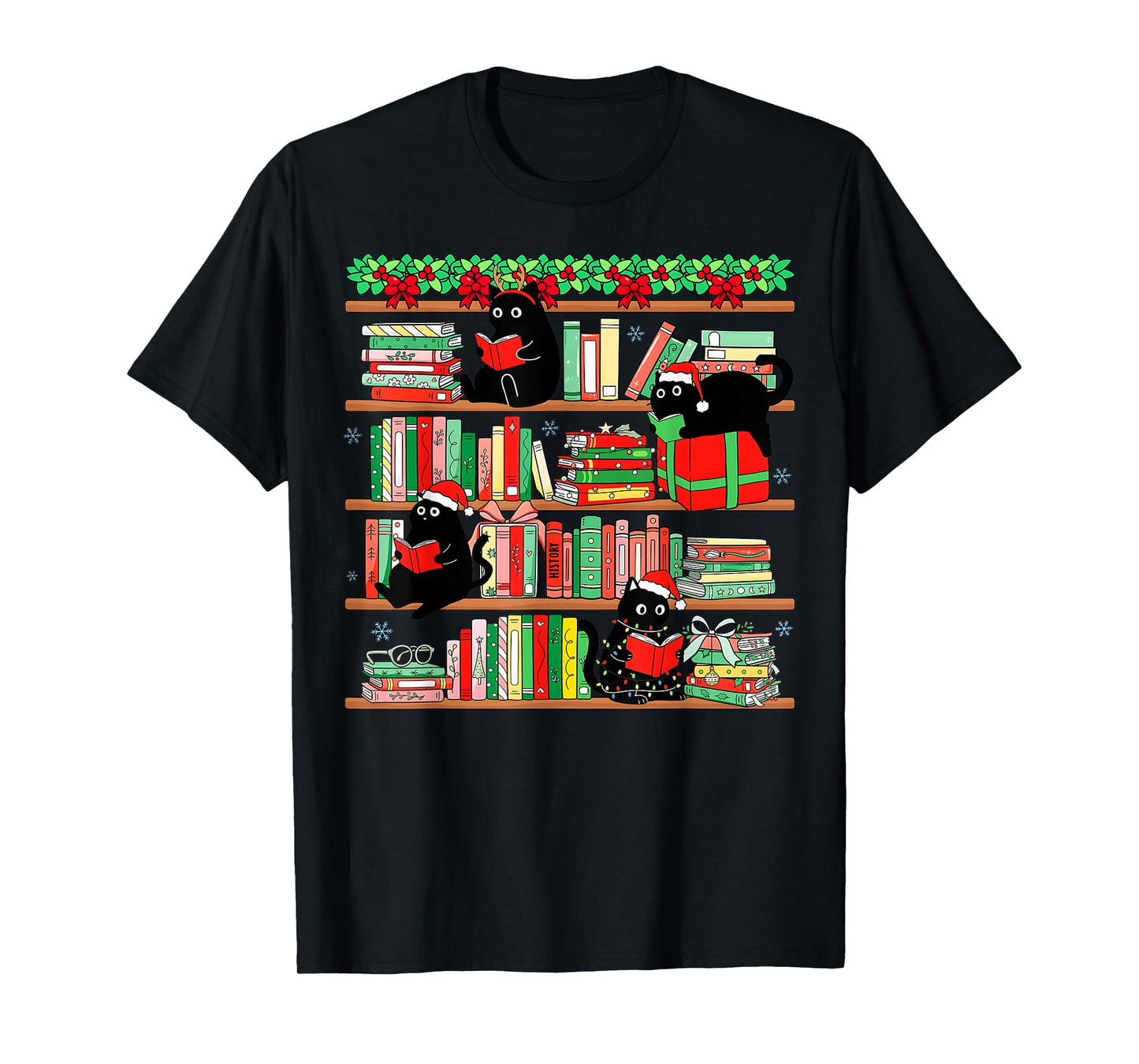 Christmas Black Cat Santa Bookshelves Book Lover Reader T-Shirt
