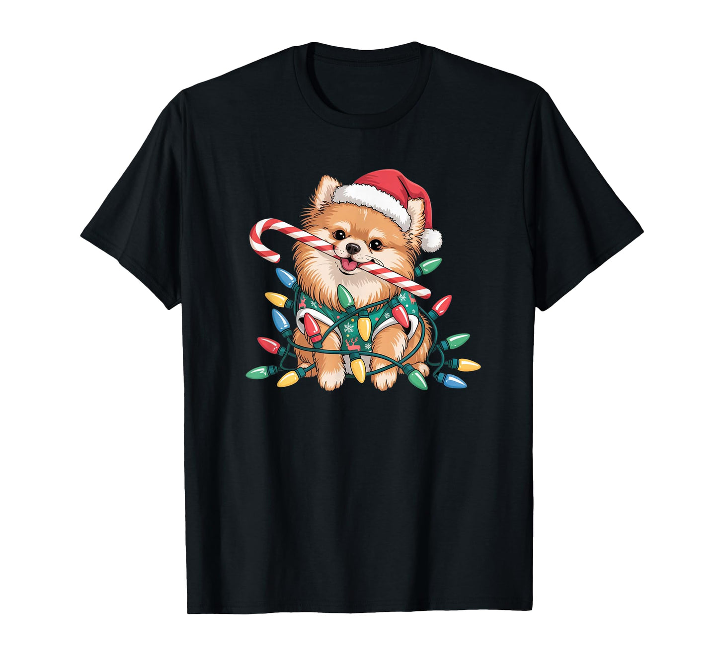 Cute Pomeranian Christmas Puppy Lights Santa Hat Candy Cane T-Shirt