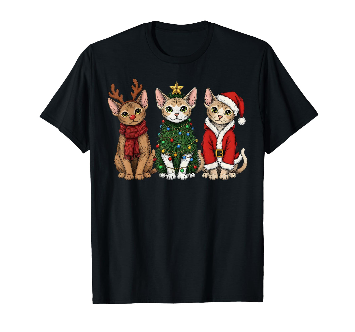 Retro Christmas Devon Rex Cat Santa Reindeer T-Shirt
