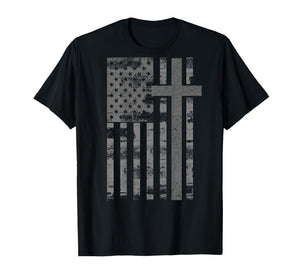 (Art on Back) American USA Flag Christian Cross Patriotic T-Shirt
