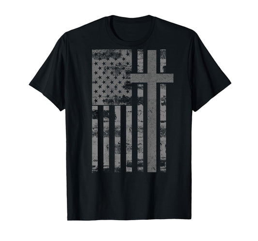 (Art on Back) American USA Flag Christian Cross Patriotic T-Shirt