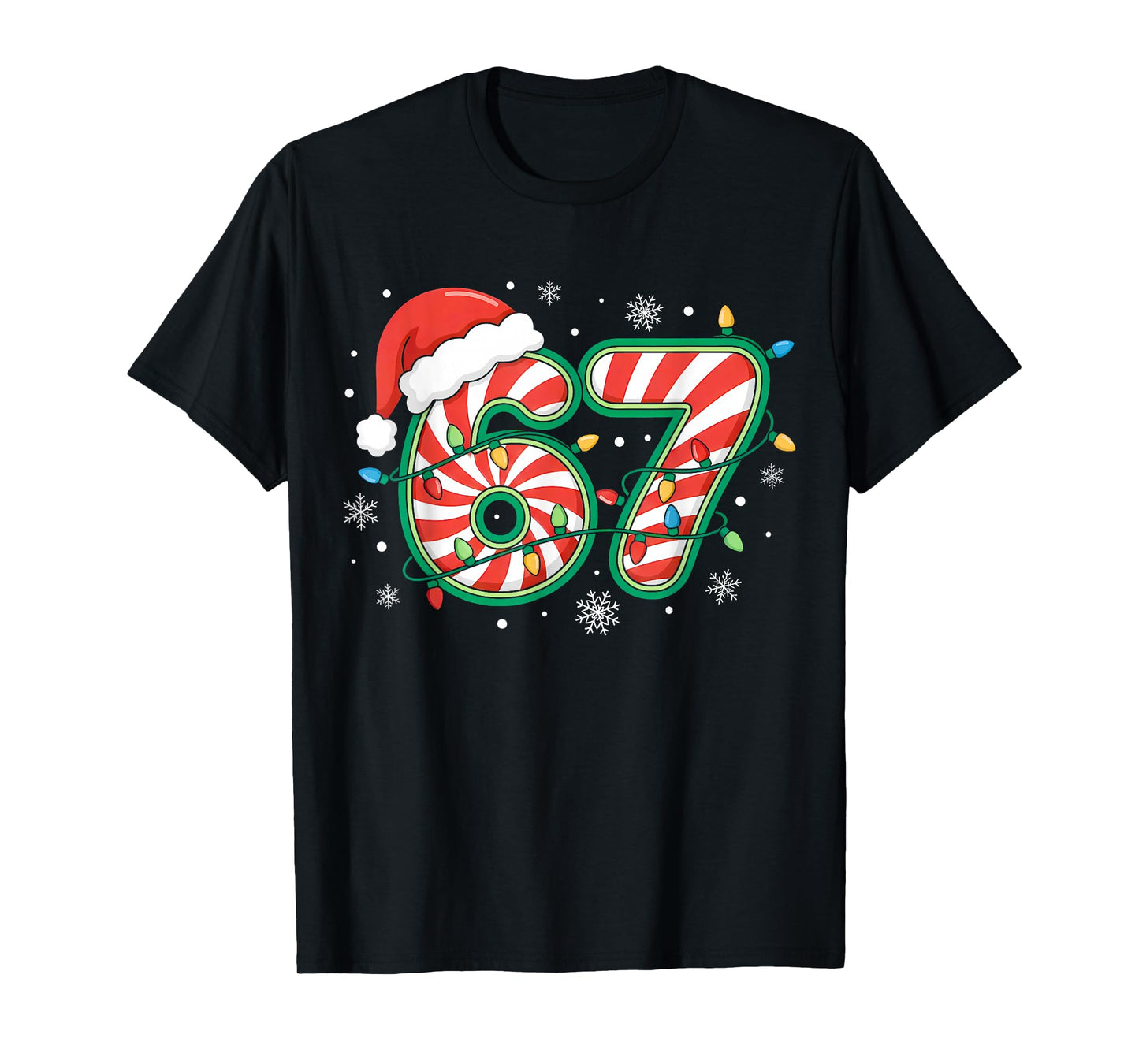 Christmas 67 Six Seven Meme Candy Cane Santa Hat Xmas Lights T-Shirt