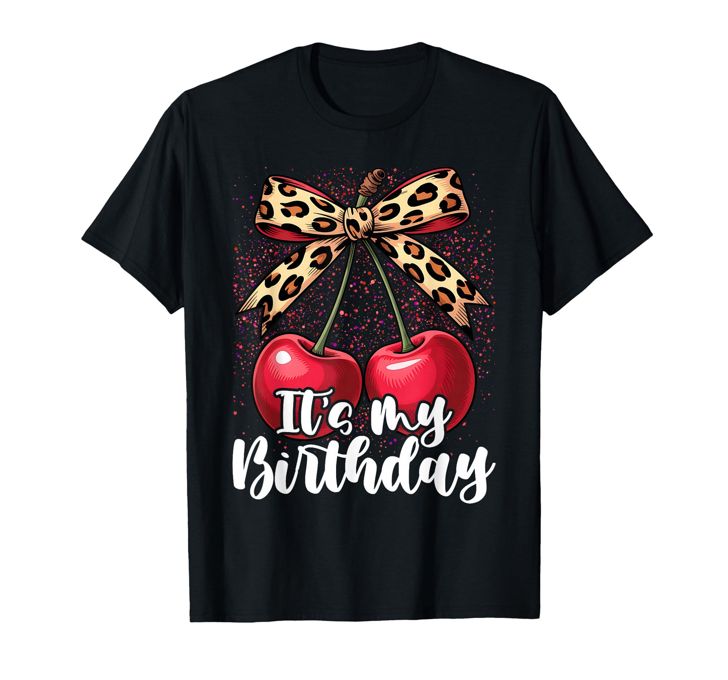 It's My Birthday Cute Cherry Leopard Coquette Bow T-Shirt