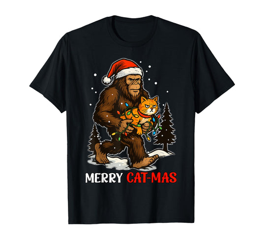Merry Catmas Bigfoot and Lights Santa Hat Funny Cat Xmas T-Shirt