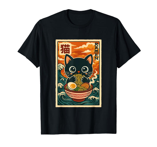 Funny Retro Vintage Japanese Anime Cute Kawaii Ramen Cat T-Shirt