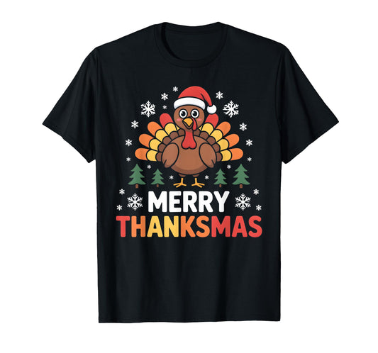 Happy Thanksgiving Merry Thanksmas Funny Santa Turkey Snow T-Shirt