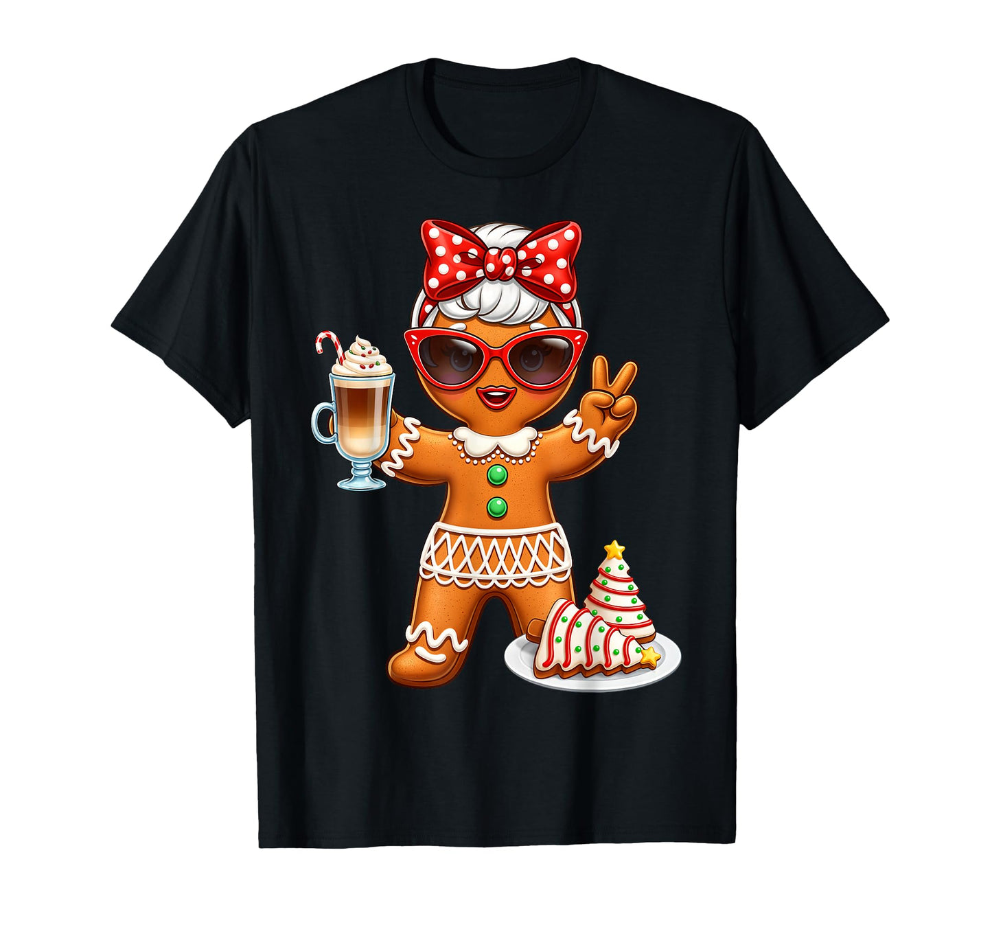 Cute Gingerbread Drinking Coffee Christmas Tree Cake Xmas T-Shirt