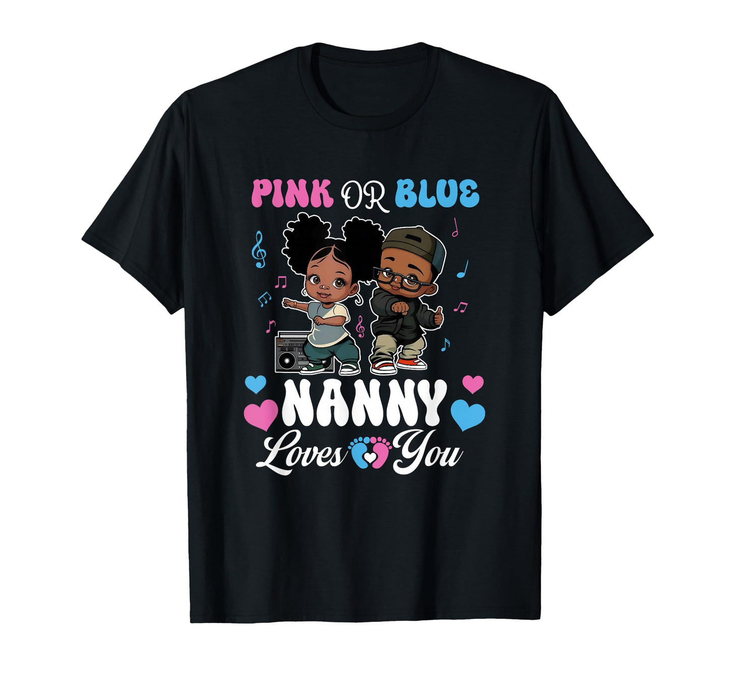Pink Or Blue Nanny Loves You Black Baby Gender Reveal T-Shirt