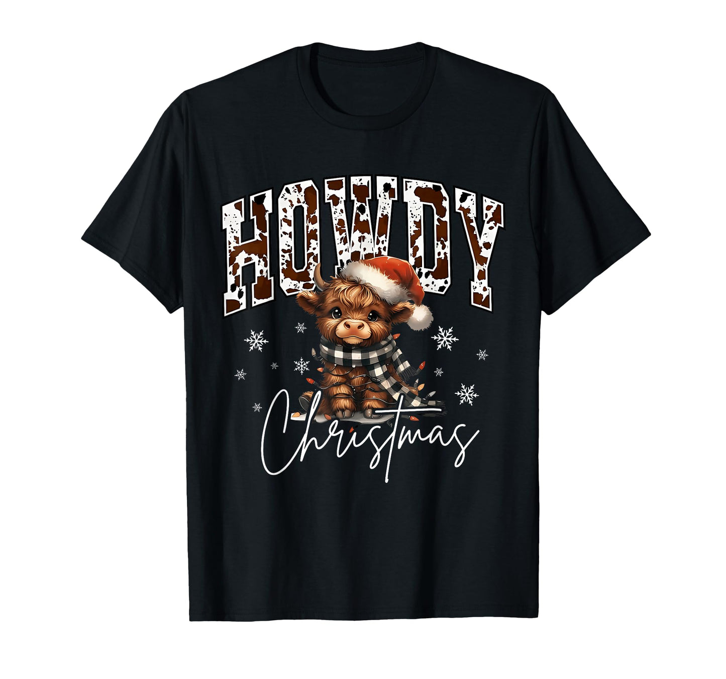 Retro Howdy Christmas Western Cow Santa Hat Xmas Lights T-Shirt