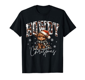 Retro Howdy Christmas Western Cow Santa Hat Xmas Lights T-Shirt