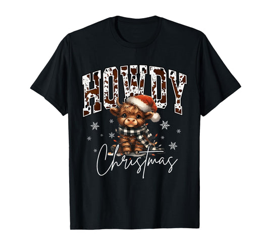 Retro Howdy Christmas Western Cow Santa Hat Xmas Lights T-Shirt