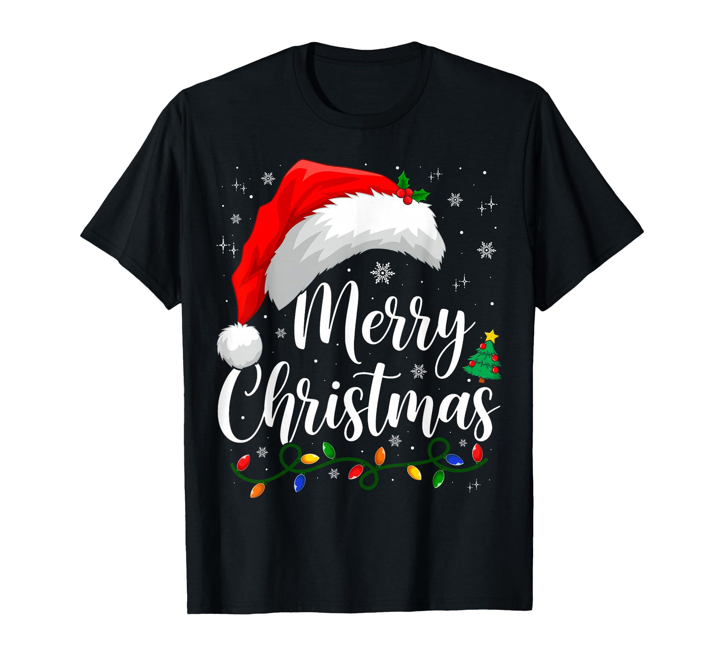Merry Christmas Lights Santa Hat Xmas Family Matching Pajama T-Shirt