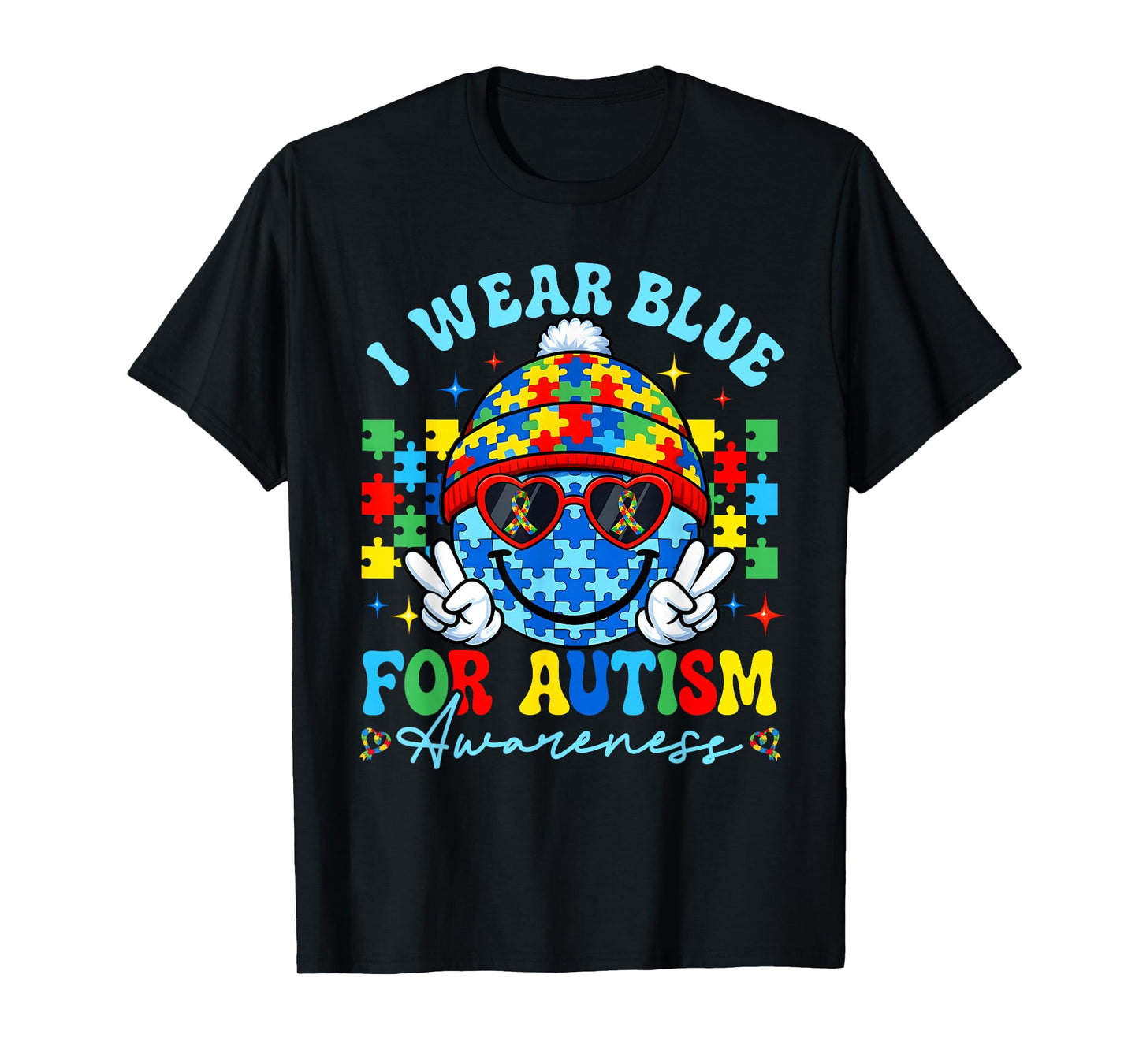 I Wear Blue Smile Face Autism Awareness Month Teacher Kid T-Shirt