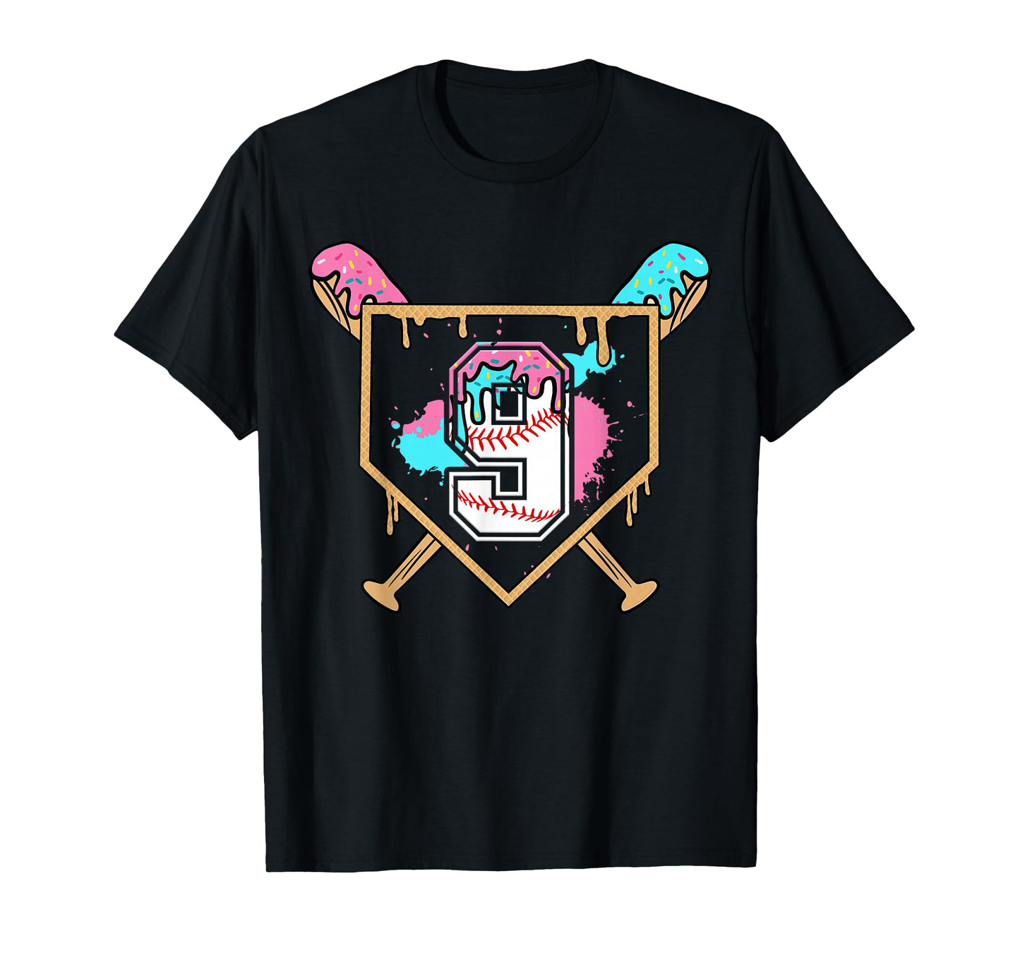 9th Birthday Baseball Bat Ice-Cream Drip 9yrs Old Boys Girls T-Shirt
