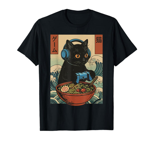Cute Kawaii Gamer Cat Funny Ramen Retro Japanese Cat Gaming T-Shirt