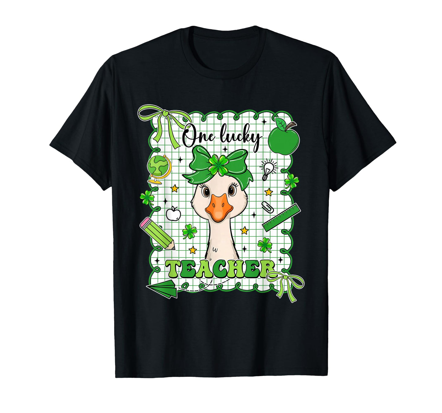 Goose One Lucky Teacher Coquette Bow St Patrick's Day T-Shirt
