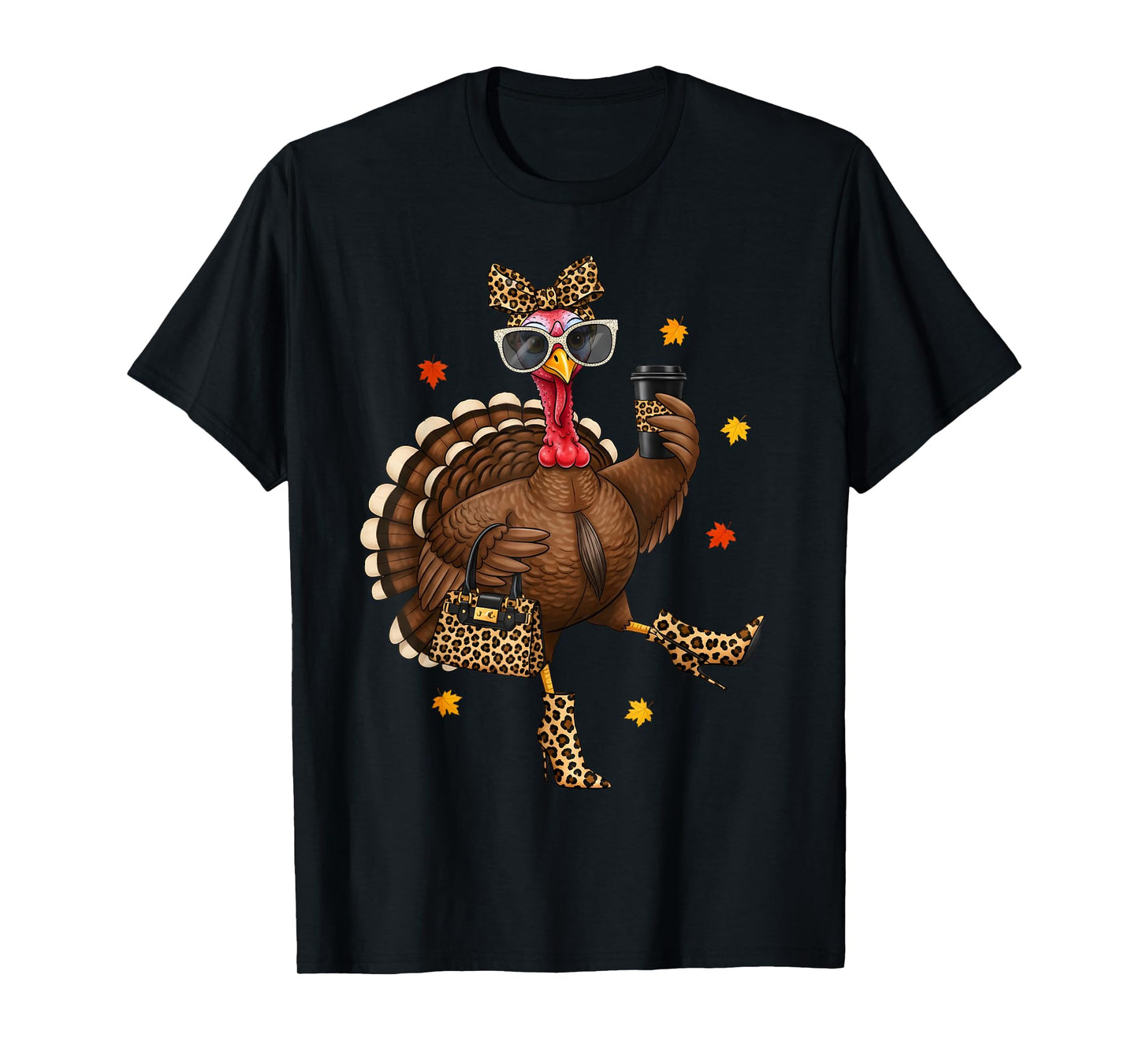 Leopard Turkey Drinking Coffee Thanksgiving Women Turkey Day T-Shirt