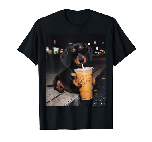 Funny Dachshund Drinking Iced Coffee Dog Meme T-Shirt
