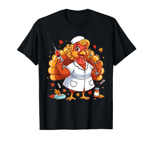 Nurse Turkey Thankful Scrubs Funny Fall Thanksgiving Nursing T-Shirt