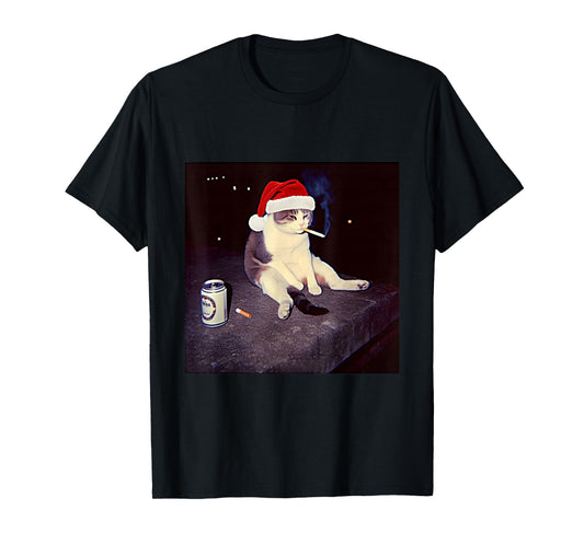 Cigarette Kitten Christmas Hat Cat Smoking Meme Brainrot T-Shirt