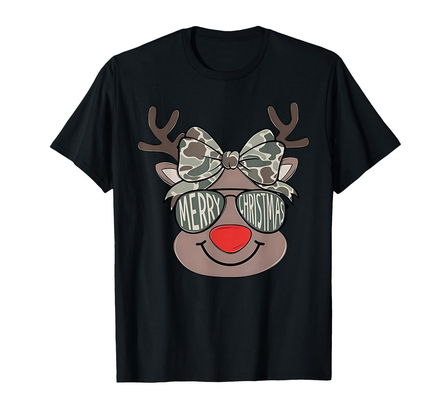 Reindeer Rudolph Merry Christmas Xmas Holiday Girls Camo T-Shirt