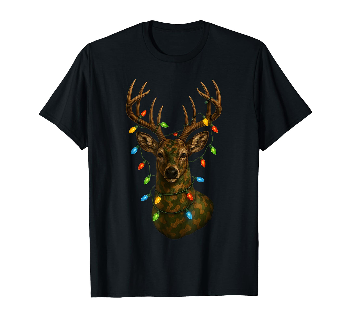 Camo Hunting Reindeer Deer Christmas Holiday Xmas Lights T-Shirt